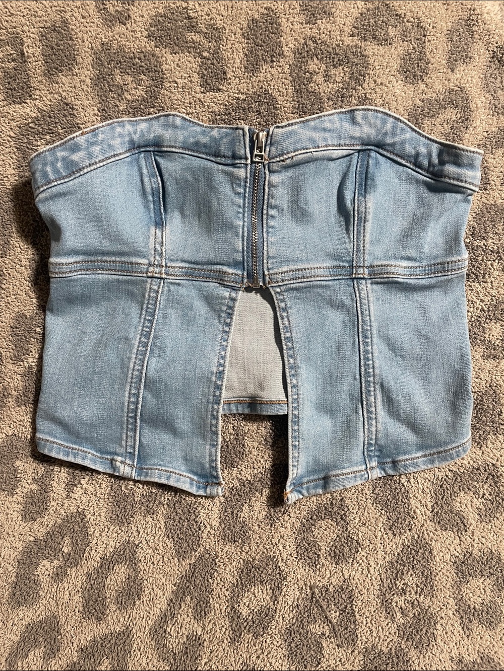 Light Blue Denim Crop Top with Front Zip